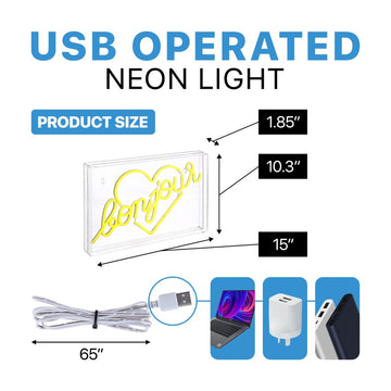 Bonjour Heart Contemporary Glam Acrylic Box USB Operated LED Neon Light - JONATHAN Y
